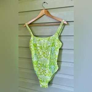 TOMMY HILFIGER swimsuit one piece bright green sz 10 EUC tropical floral bathing